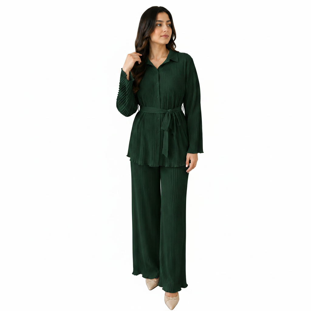 Women's Elegant Pleated Co-Ord Set | Belted Casual Outfit