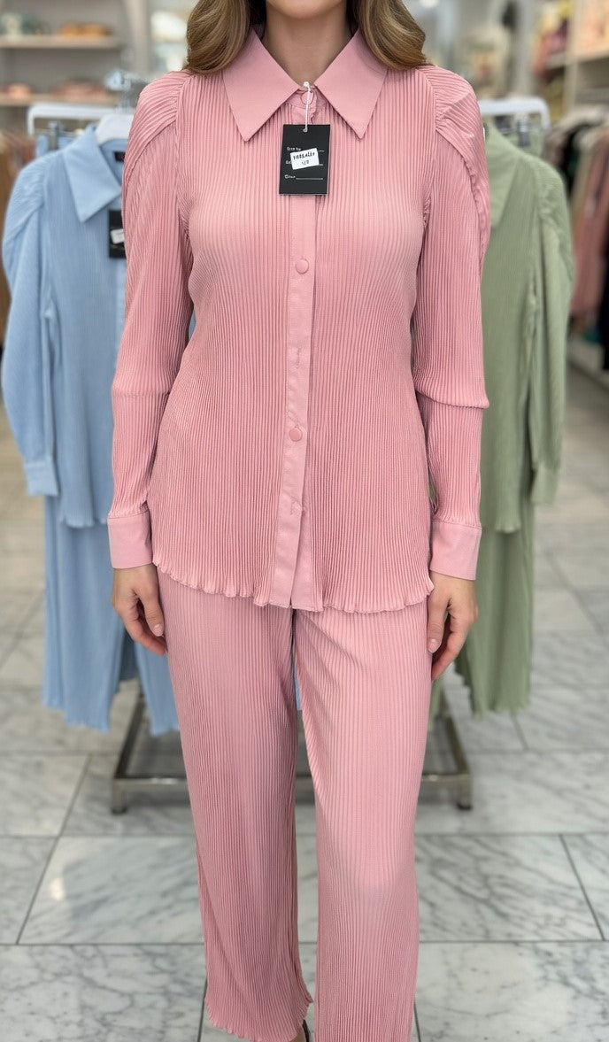 Pink Pleated Shirt & Pants Set