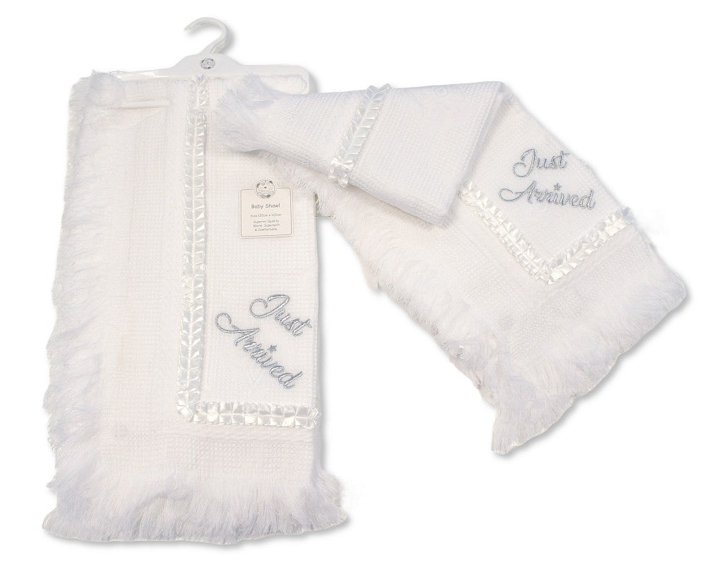 Adorable baby shawl featuring Prince and Princess & Just Arrived embroidery with delicate lace detailing.