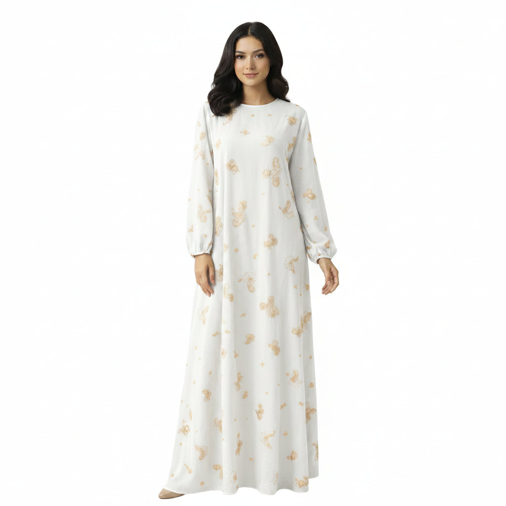 Gold Motif Printed Abaya for Women – Elegant Modest Dress