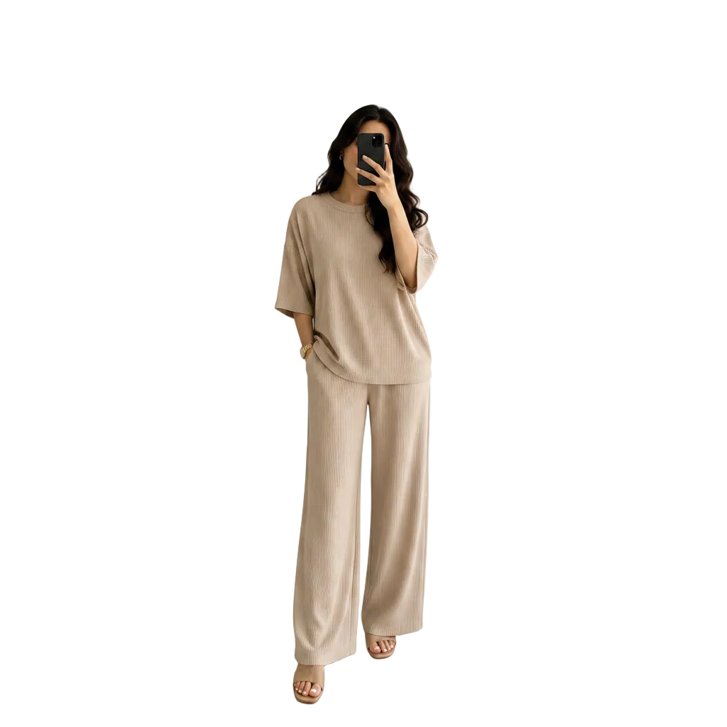 Women's Beige Ribbed Co-Ord Set | Casual Lounge Wear Outfit