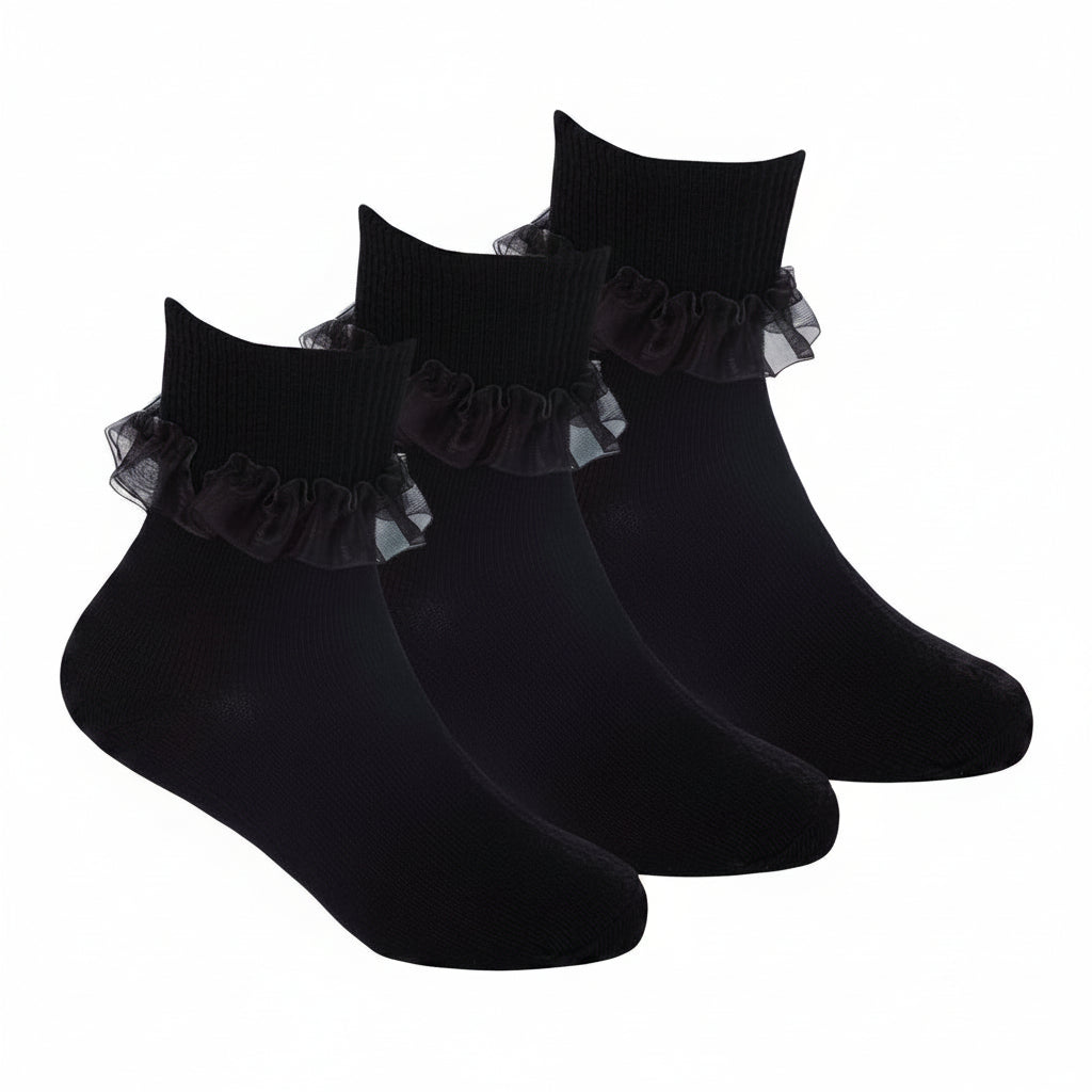 Girls 3 Pack Black Frilly Lace Tot Socks | Cotton Dress Socks