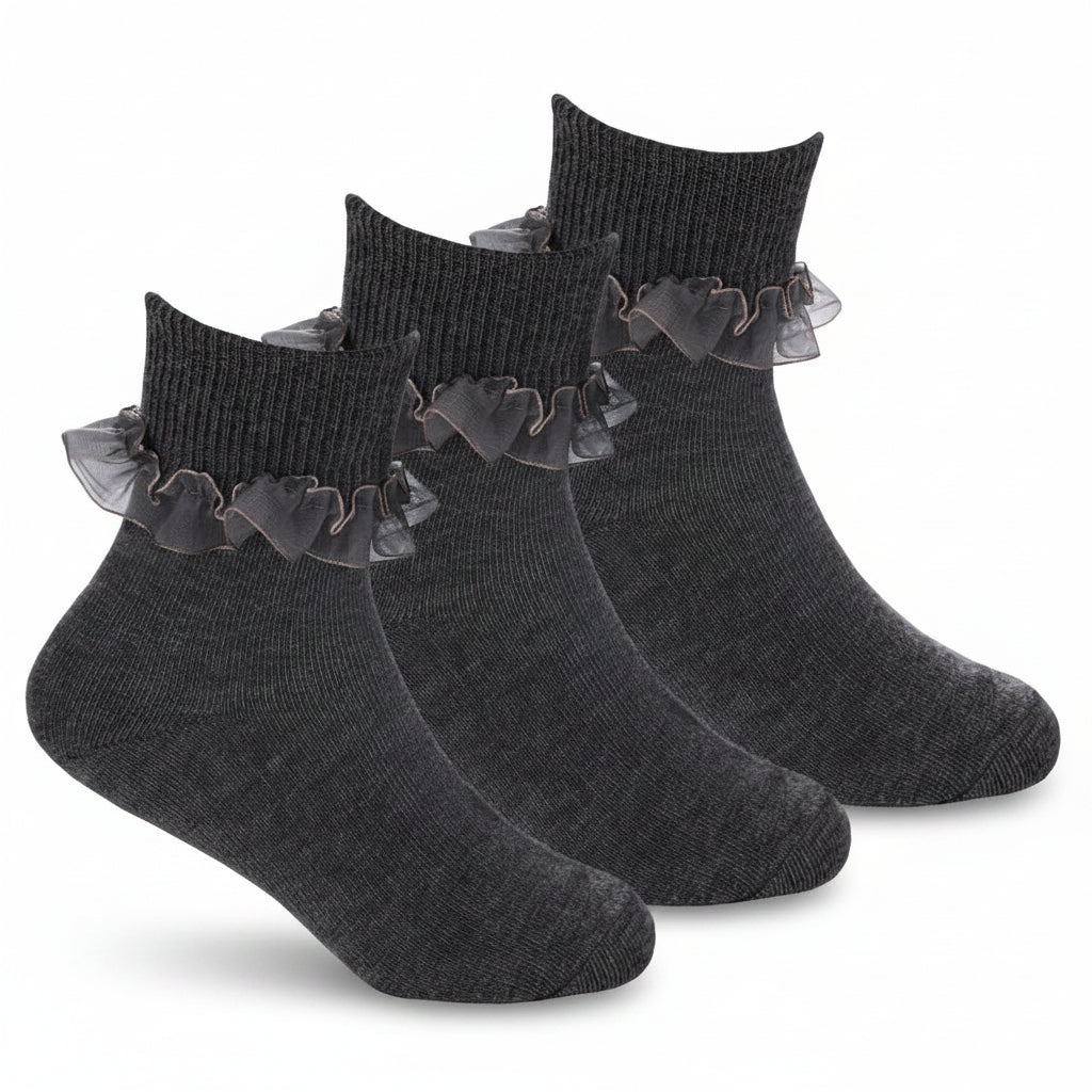 Girls 3 Pack Grey Frilly Lace Tot Socks | Cotton Dress Socks