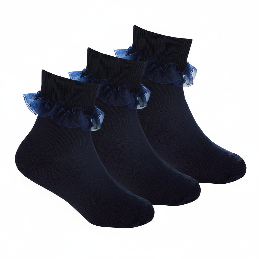 Girls 3 Pack Navy Frilly Lace Tot Socks | Cotton Dress Socks