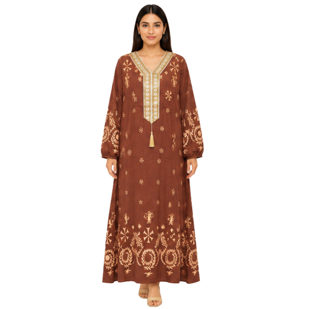 Ladies Long Dress – Embroidered Cotton Blend Casual Maxi Dress for Women