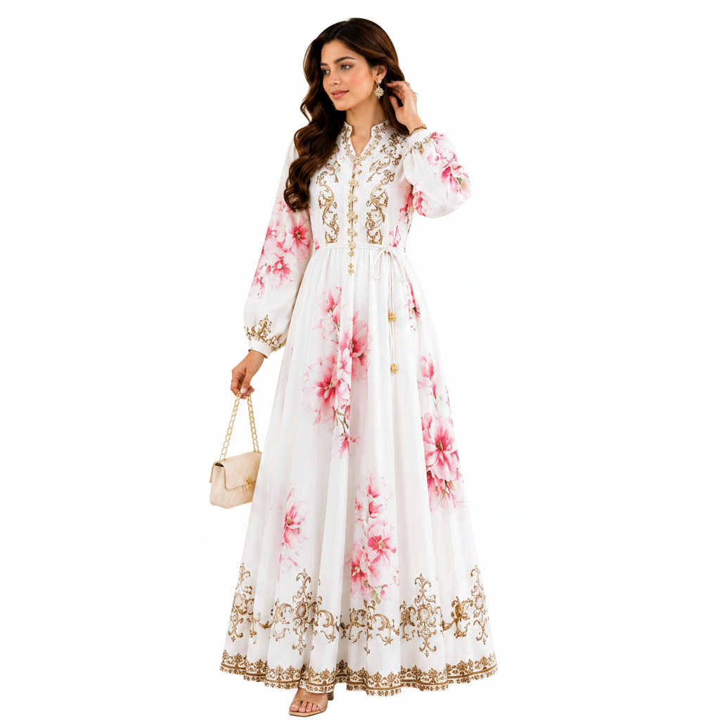 Women's Floral Print Maxi Dress with Matching Belt