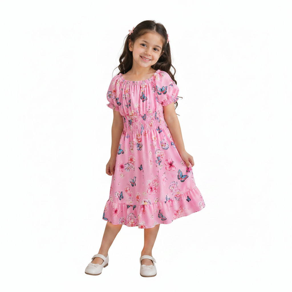 Girls Blue Floral Butterfly Print Smocked Dress with Puff Sleeves and Ruffle Hem