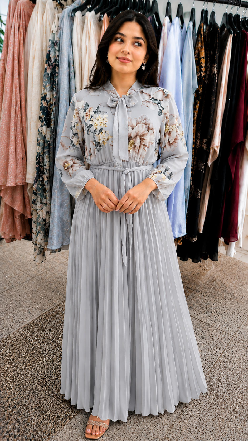 Modest Tie-Neck Floral Maxi Gown