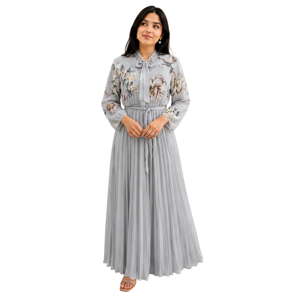Women's Modest Tie-Neck Floral Maxi Gown Dress