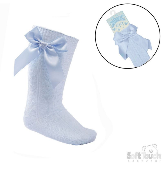 Blue 'Adorable' Knee Length Socks w/Satin Bow : S141-B