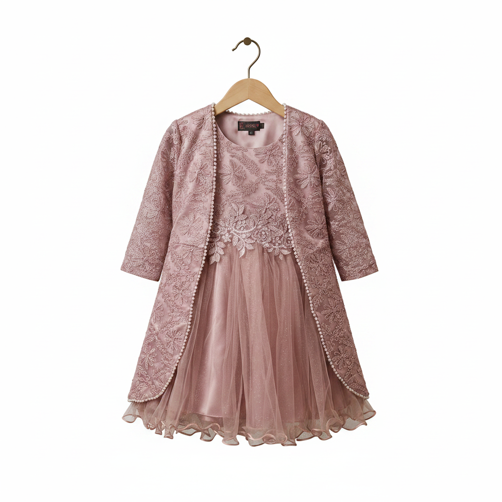 Girls Embroidered Floral Tulle Party Dress with Matching Jacket