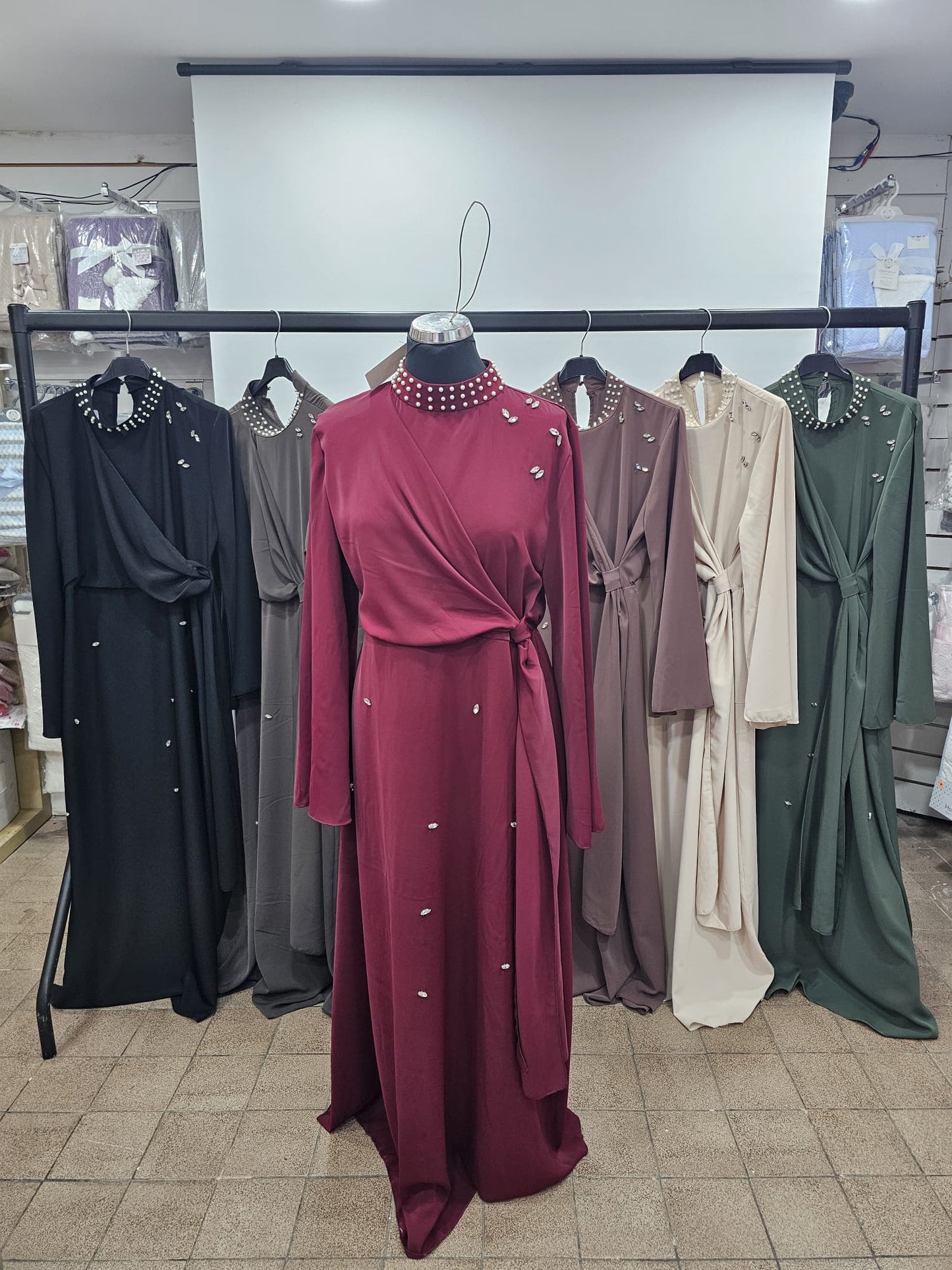 Pearl-Neckline Faux-Wrap Embellished Abaya