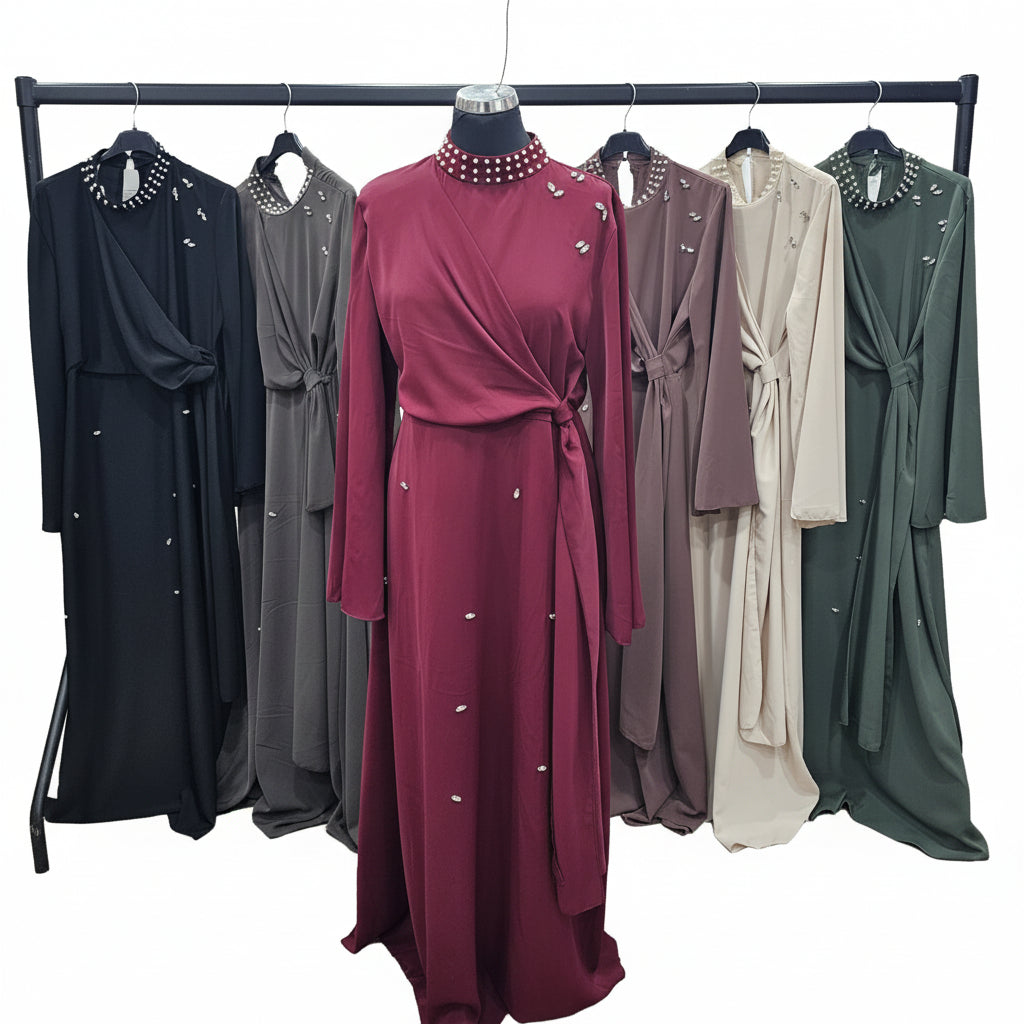 Pearl-Neckline Faux-Wrap Embellished Abaya for Women