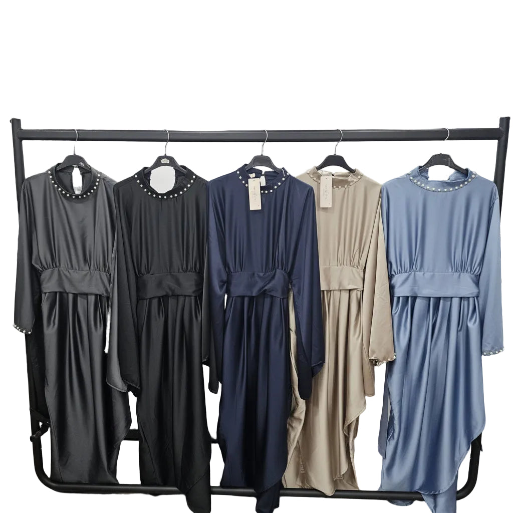 Pearl-Trimmed Satin Asymmetric Abaya for Women