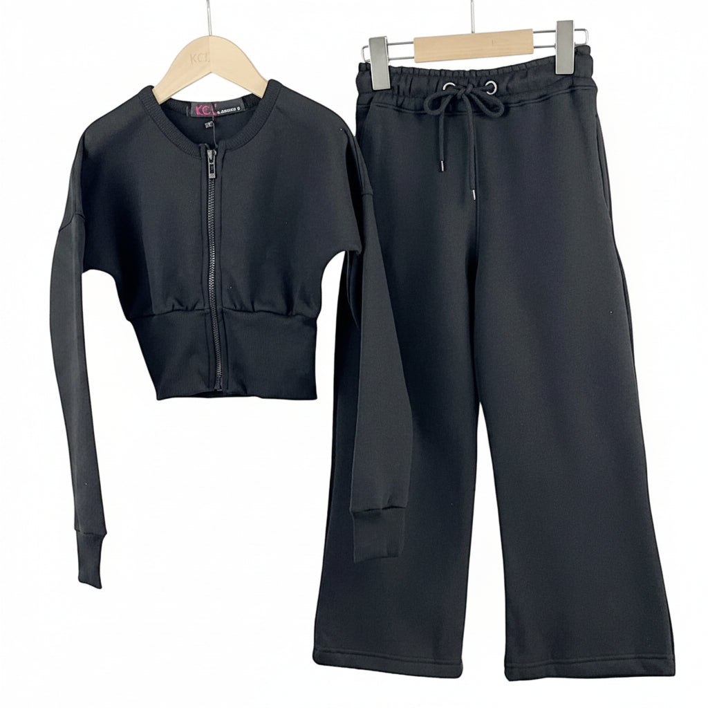 2pc Black Compressed Full Zip Jacket and Wide-Leg Tracksuit Set