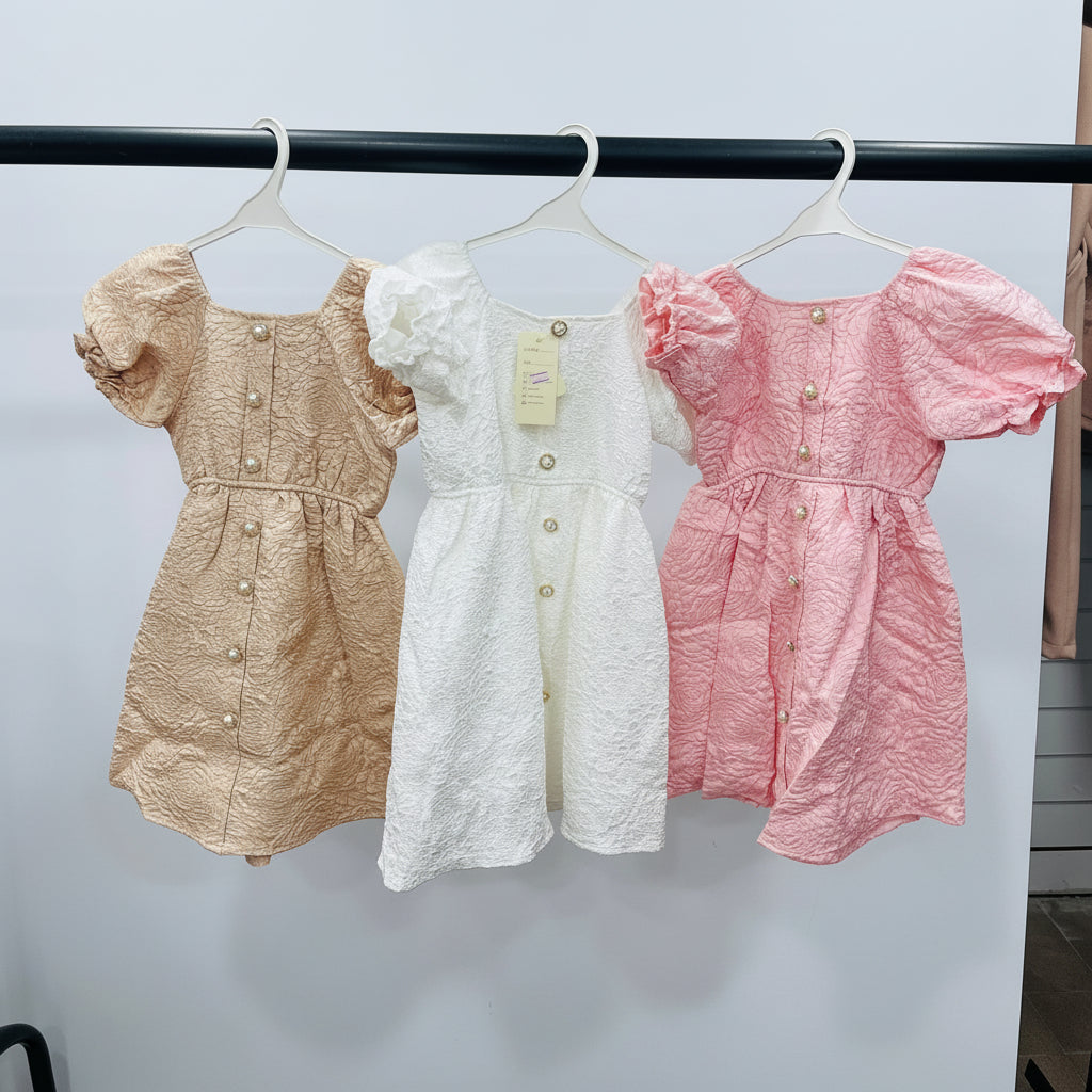 Girls Textured Pearl Button Dress | Elegant Party Dress