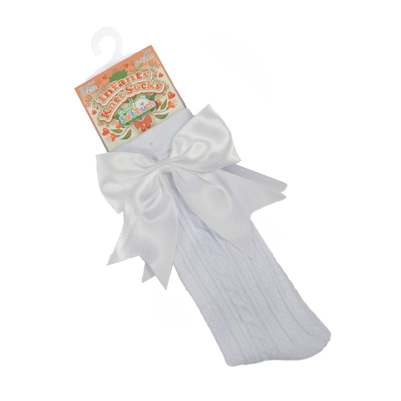 White Infants Knee Length Socks - Large Bow (0-24m) S350-W