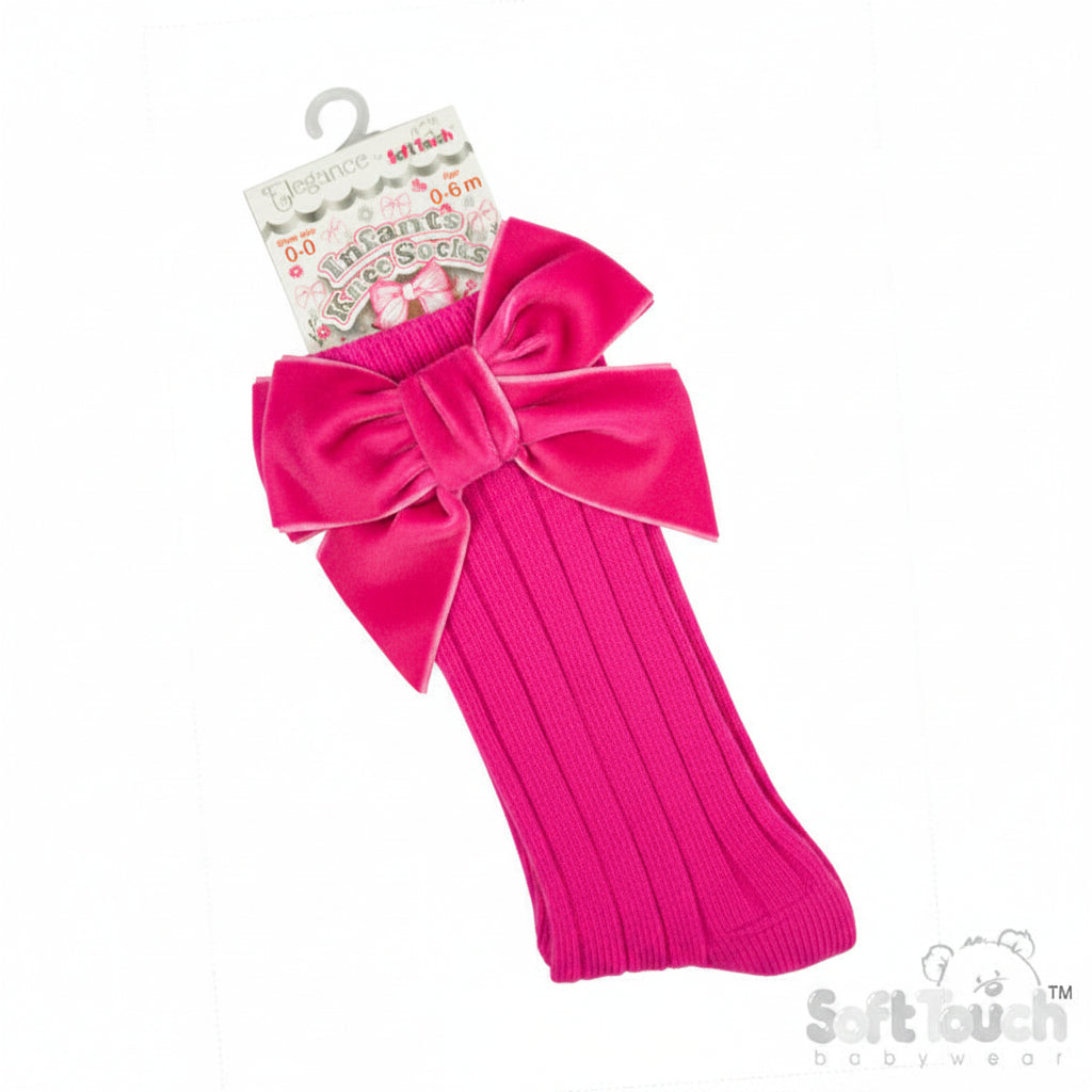 Baby Girls Dusty Pink Ribbed Knee-Length Socks with Velvet Bow
