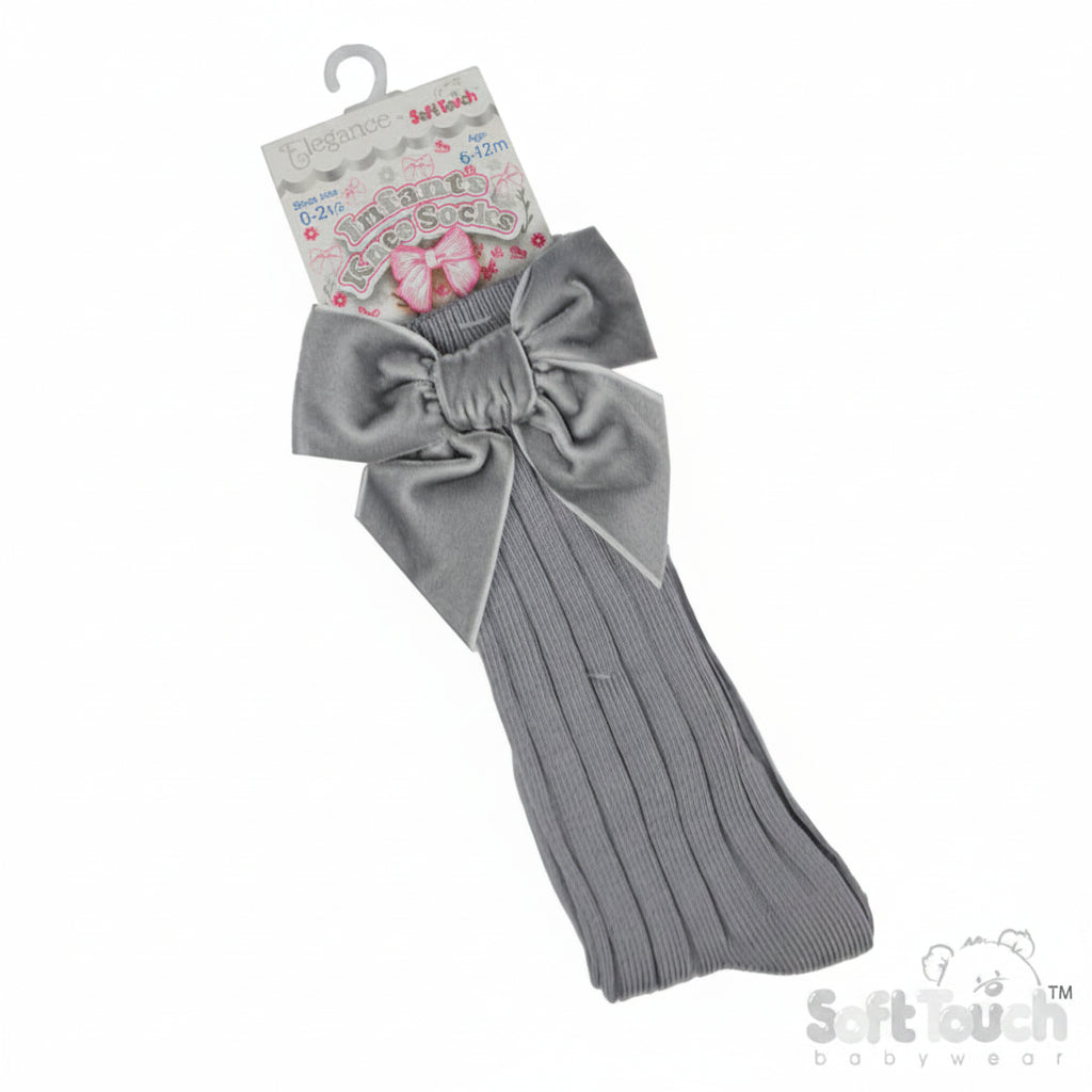 Baby Girls Grey Ribbed Knee High Socks with Large Velvet Bow