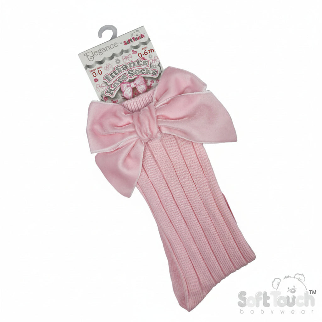 PINK RIBBED KNEE LENGTH SOCKS W/LARGE VELVET BOW