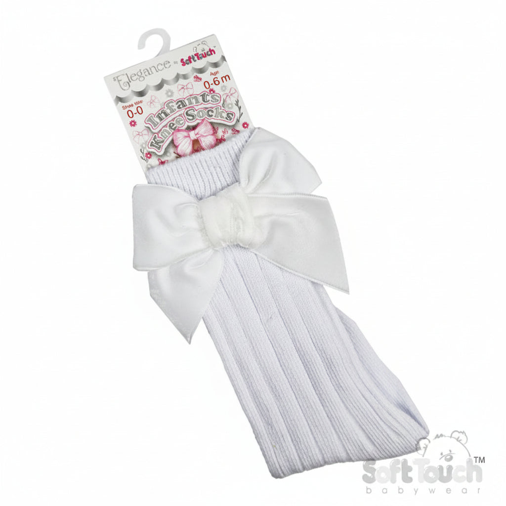 WHITE RIBBED KNEE LENGTH SOCKS W/LARGE VELVET BOW