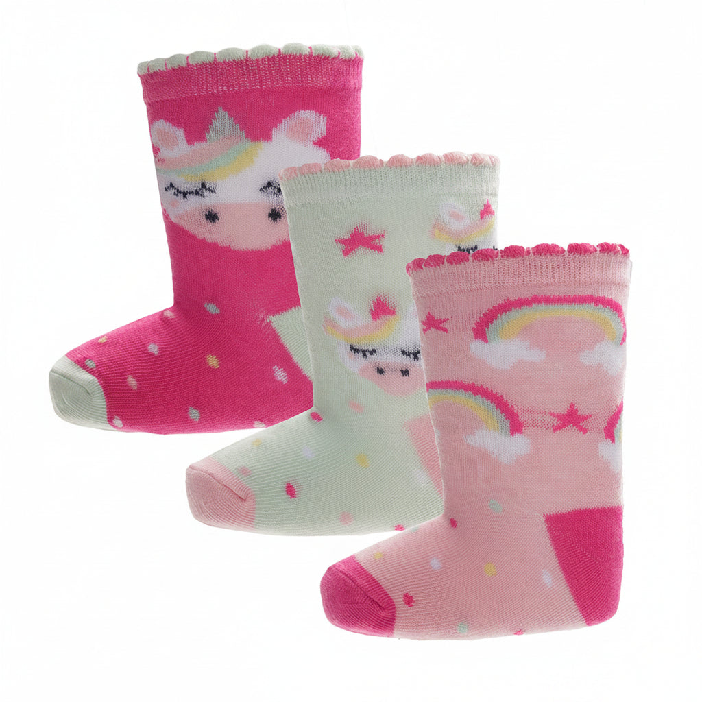 Girls 3 Pack Rainbow & Unicorn Socks | Soft Cotton Kids Socks
