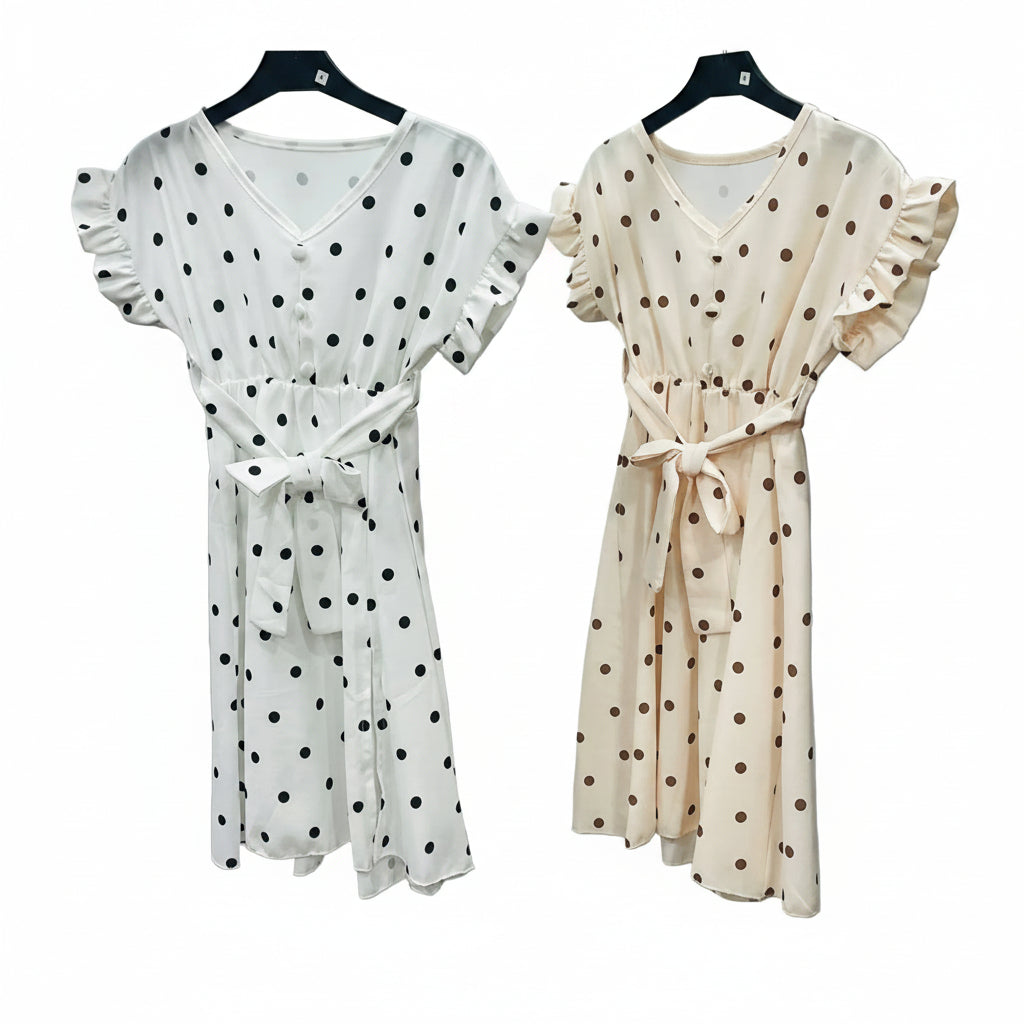 Girls Polka Dot V-Neck Midi Dress with Waist Tie Belt