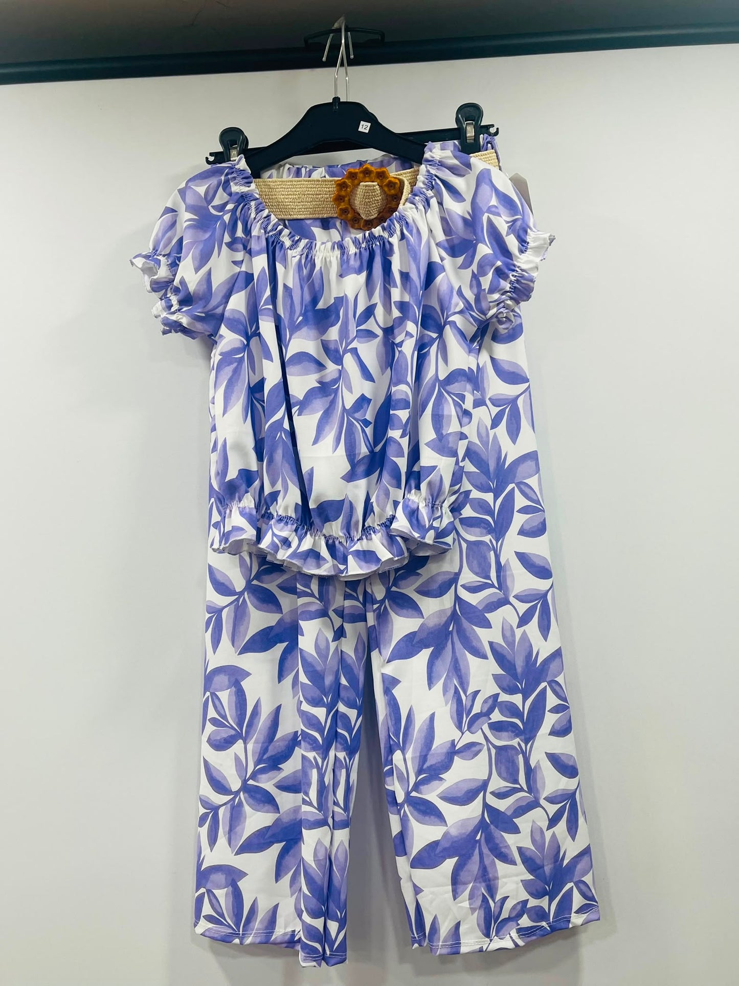 Tropical Leaf Print Crop Top and Wide-Leg Pants Set