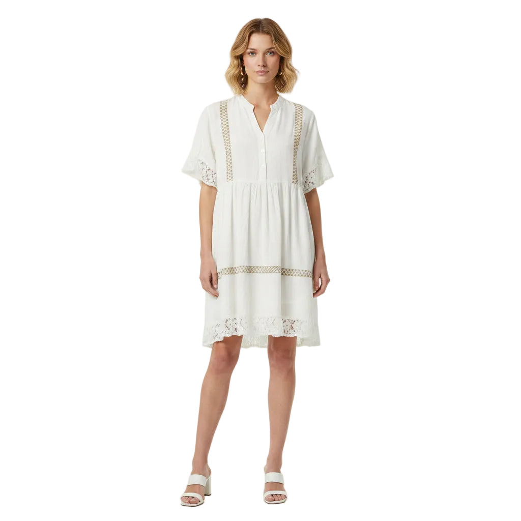 Women's Button-Up Mandarin Collar Dress with Lace Hem | Casual Dress