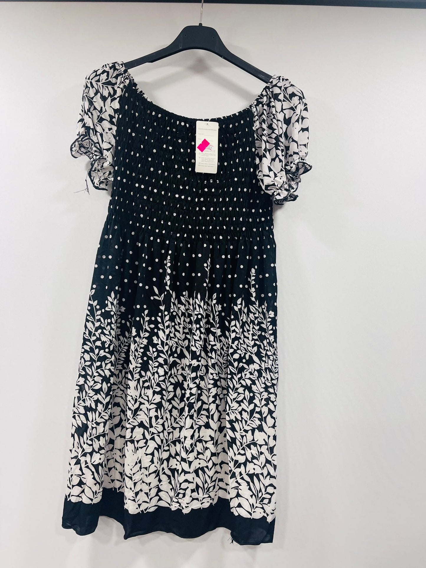 Casual Smocked Midi Dress with Mixed Polka Dot and Botanical Patterns