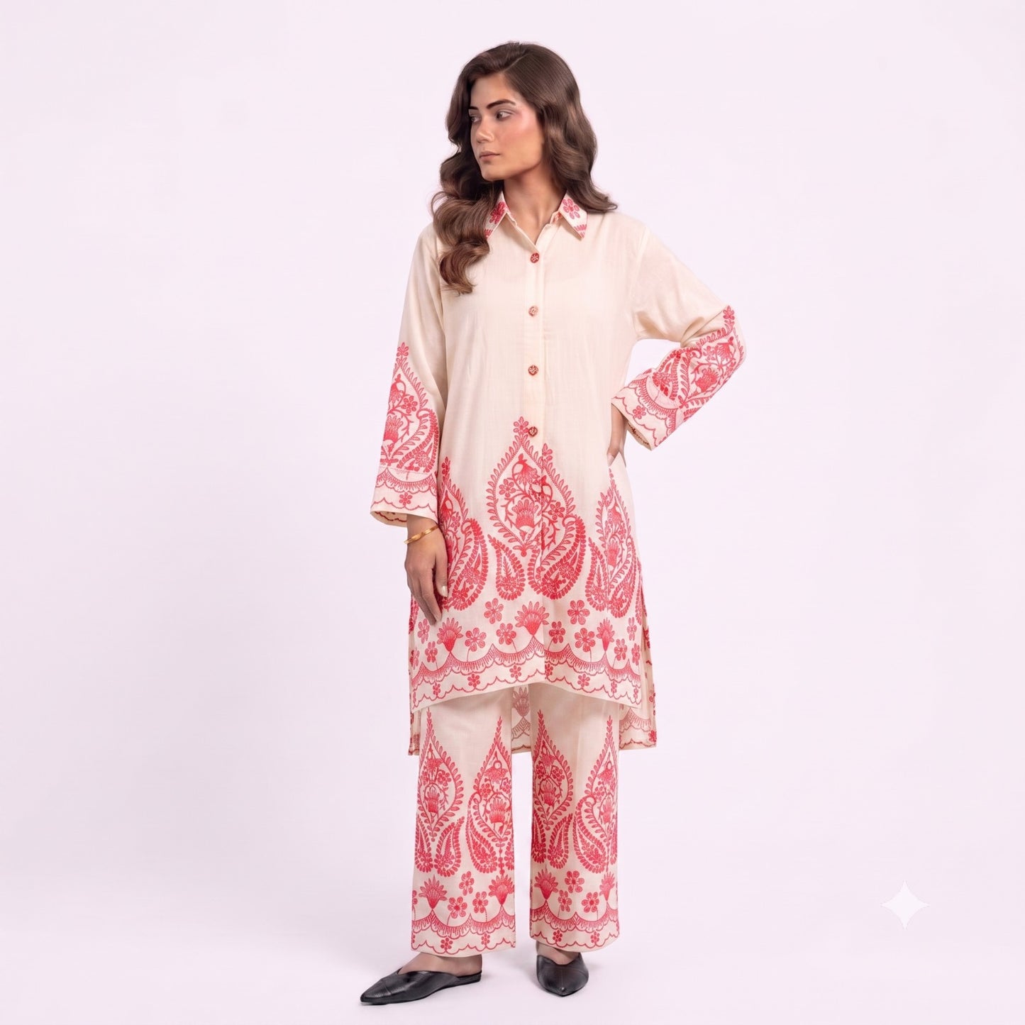 Ladies Embroidered Cotton Linen Two Piece Co-Ord Set