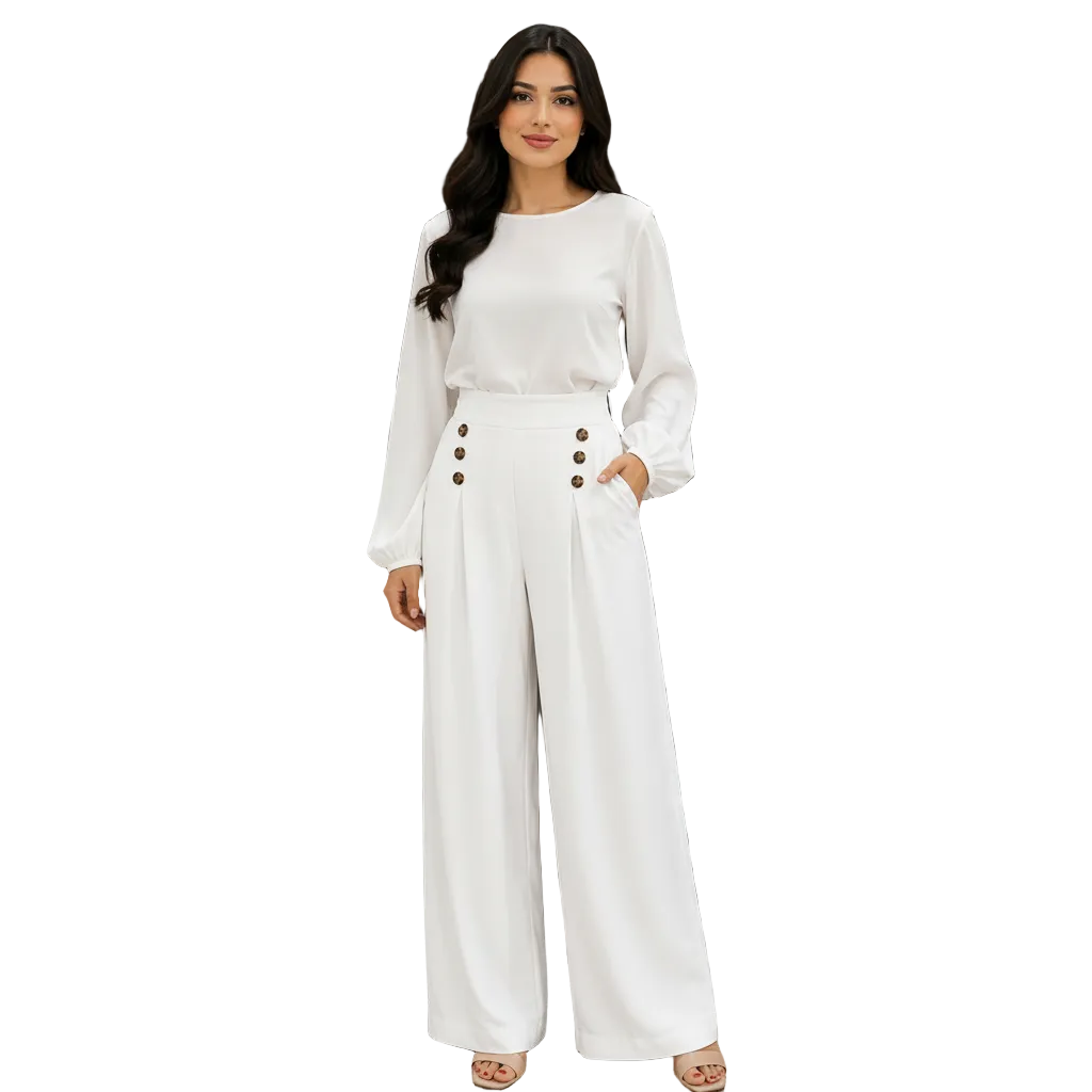 Women's High-Waist Wide Leg Trousers with Button Detail