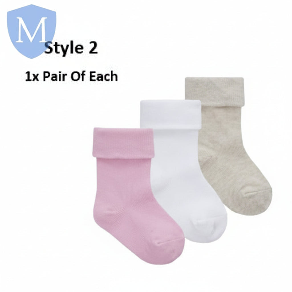 Baby Girls 3 Pack Plain Turn Over Socks (44B962) (Baby Socks) Tick Tock