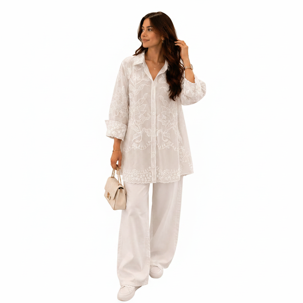 Women's Oversized Embroidered Shirt | Casual Chic Tunic Top