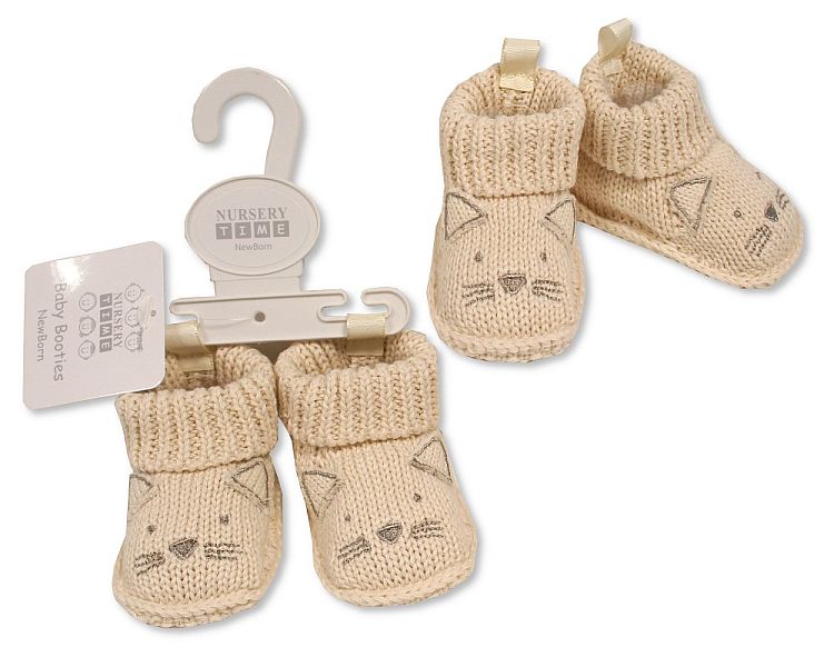 Knitted Baby Booties with Cat Face Embroidery and Ears (0-3m) (PK6) BSS-116-837