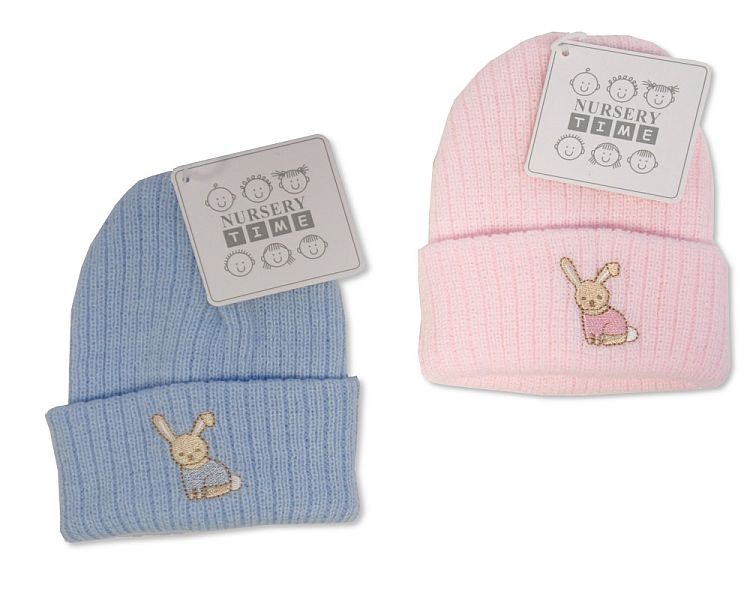 Knitted Baby Hat with Rabbit Embroidery - Pink/Sky (0-3 Months) BW-0503-0462