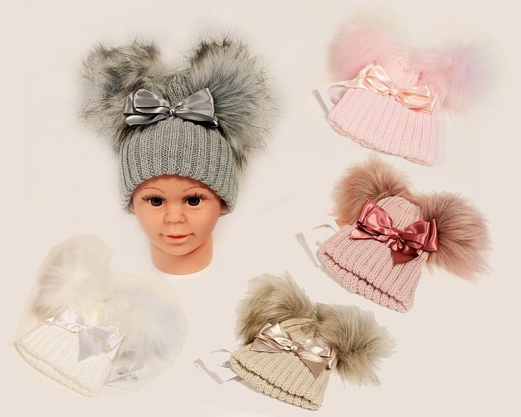 Baby Hat with Double Pom-Pom and Bow - 5 Colours (L) (PK6) BW-0503-0625-LG