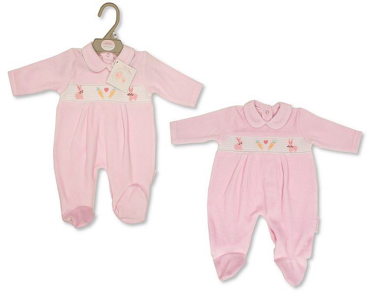 Baby Girls Velour All in One with Smocking - Bunny (NB-6) (PK6) BW-13-384