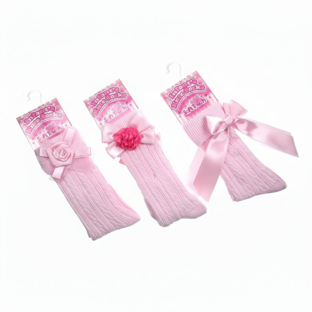 RIBBED KNEE LENGTH SOCKS W/STITCHED BOWS: 4S42-P - Kidswholesale.co.uk
