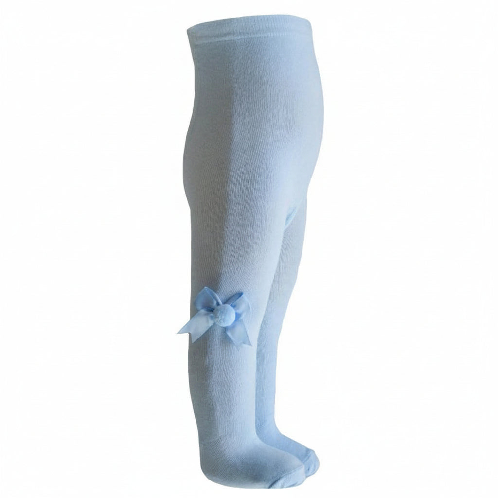 Plain Blue Tights With Matching Bow And Pom Pom - NB-24M- T41-B - Kidswholesale.co.uk