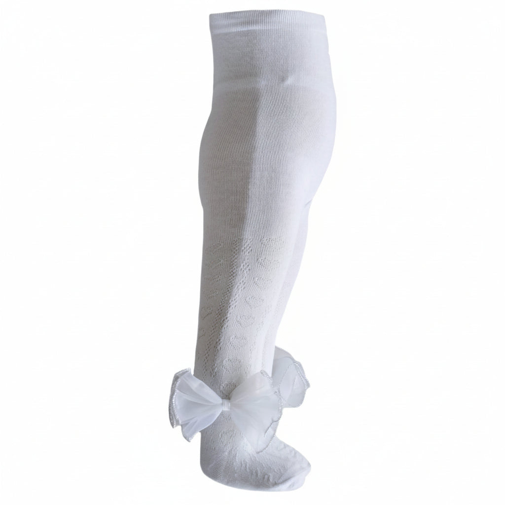 White Hearts Jacquard Tights With Large Organza Bow - NB-24M - T43-W - Kidswholesale.co.uk