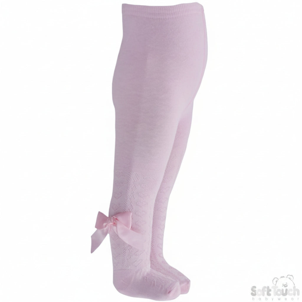 Girls Pink Hearts Jacquard Tights W/Long Bow - 2-5 Years - T51-P - Kidswholesale.co.uk