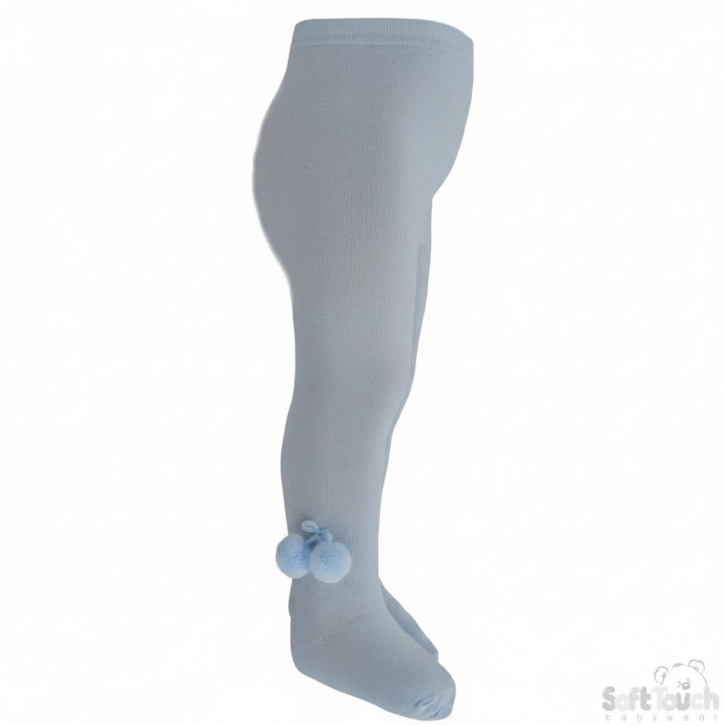 Girls Plain Blue Tights With Pom Pom - 18M-5 Years - T53-B - Kidswholesale.co.uk