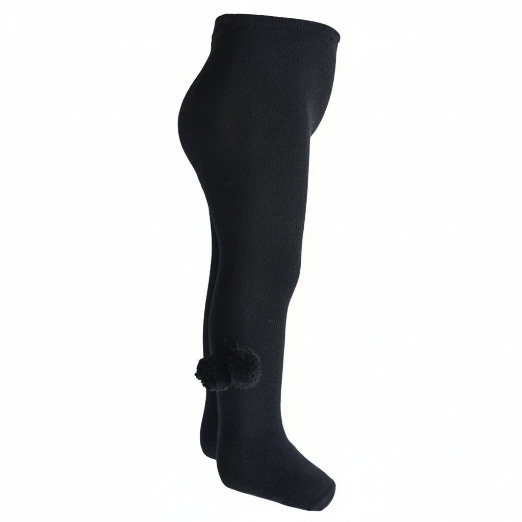 Girls Plain Black Tights With Pom Pom - 18M-5 Years - T53-blk - Kidswholesale.co.uk