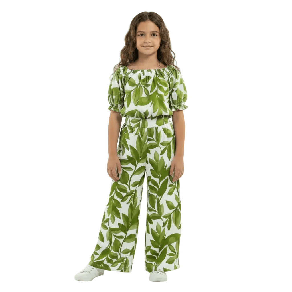 Tropical Leaf Print Co-ord Set | Crop Top & Wide-Leg Pants - MANSURI FASHIONS