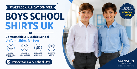 Boys school shirts UK featuring comfortable and durable school uniform shirts by Mansuri Fashions
