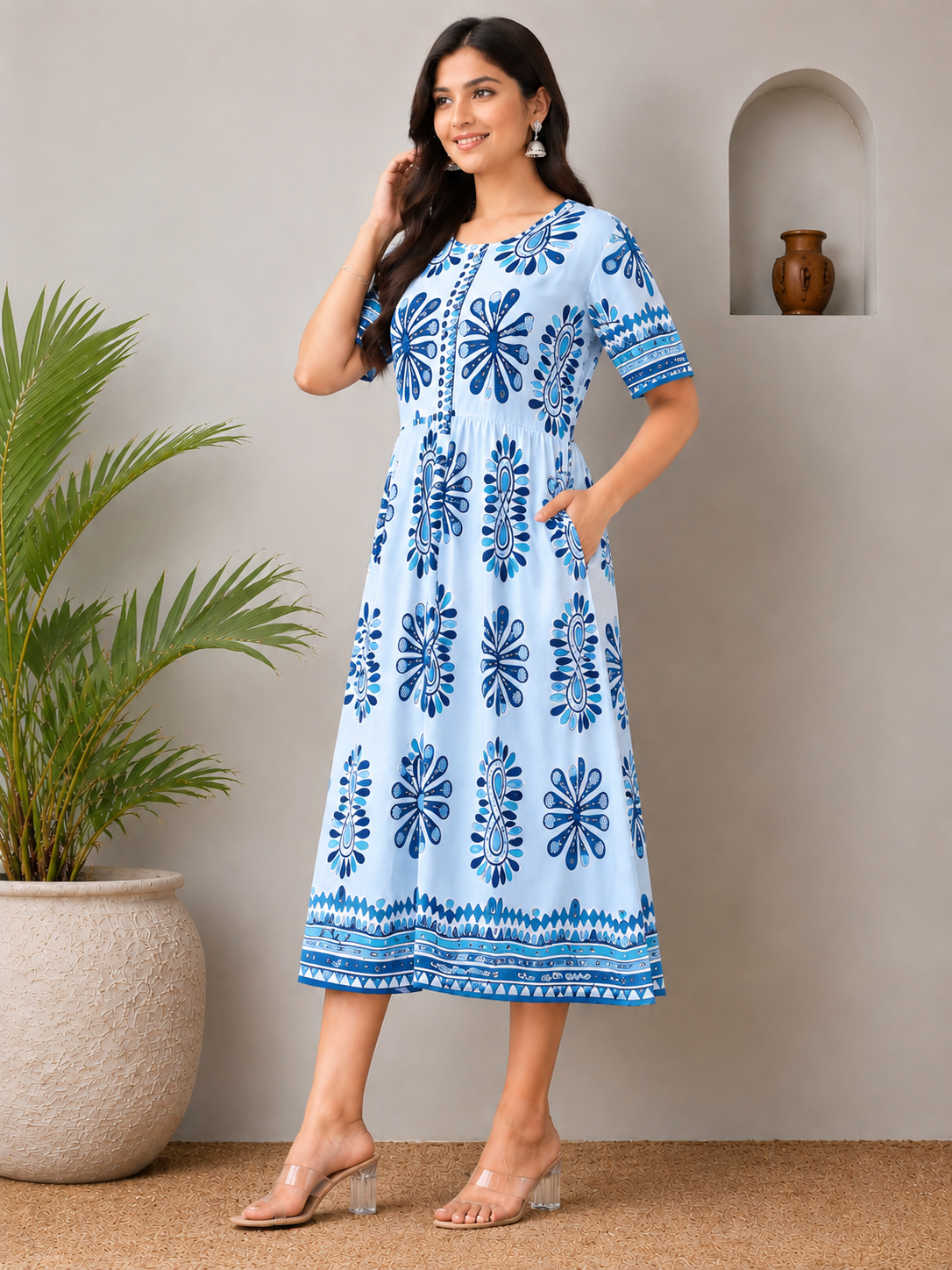 Women's  Floral Printed Midi Dress – Elegant Casual Summer Wear