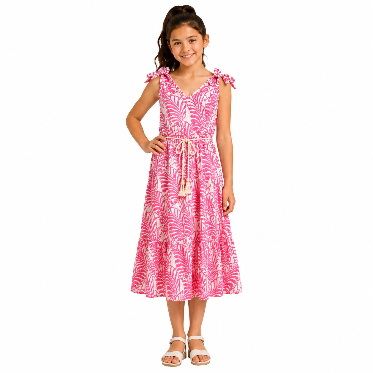 Girls Tropical Leaf Print Sleeveless Midi Dress with Tassel Belt
