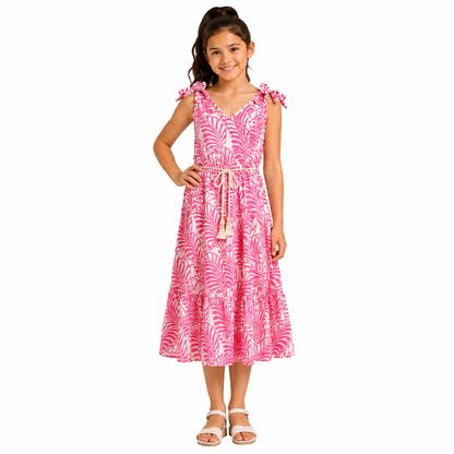 Girls Tropical Leaf Print Sleeveless Midi Dress with Tassel Belt