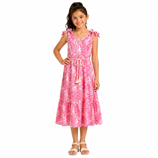 Girls Tropical Leaf Print Sleeveless Midi Dress with Tassel Belt